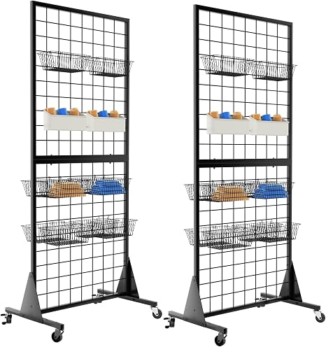 2-Pack Gridwall Panel Display Stand, 2'x5.5' Heavy Duty Floor Standing Rack with Detachable Girdwall, Movable Silent Wheel, Easy to Transport, Ideal for Retail & Craft Fairs