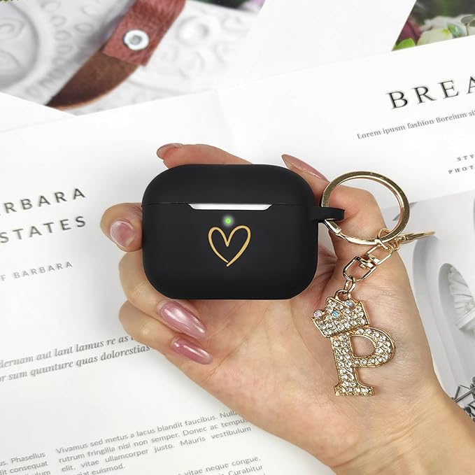 Compatible with AirPods Pro 3 Case Cover (2025), Soft Silicone Case with Gold Heart Pattern for AirPods Pro 3rd Generation Case with Rhinestone Studded Letter A-Z Keychain (P Black)