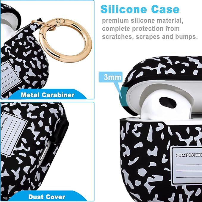 Silicone Compatible with AirPods 3 Case 2021 (Not Fit Pro), Gawnock Soft Case Compatible with AirPods 3rd Generation Floral Print Cover for Women Girls with Keychain (Composition Book Black)