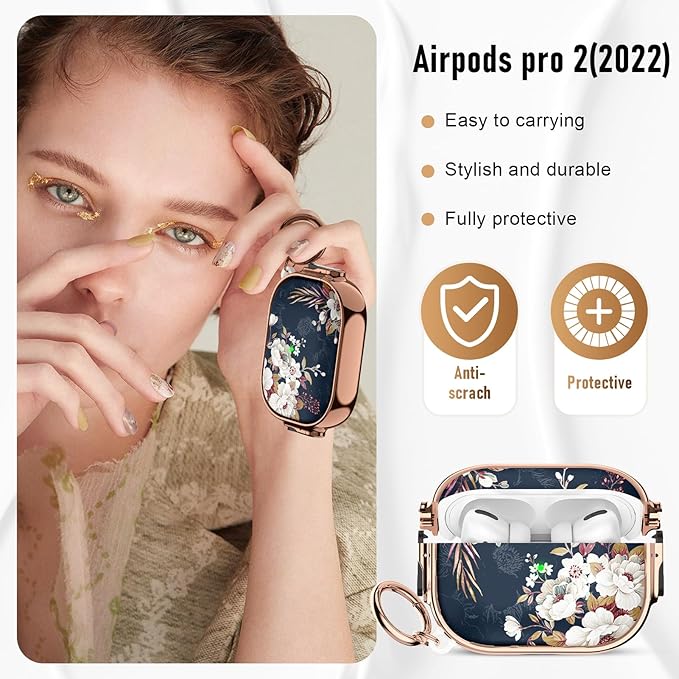 Maxjoy for Cute Airpods Pro 2 case with Safety Lock,Compatible Airpods Pro Case 2nd/1st Gen,Compatible White Flowers AirPods Case Cover for Women Girly with Keychain-Drak Blue