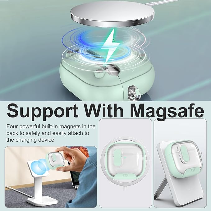 for Airpods 4 Case Clear,Secure Lock for Airpods 4th Generation Case Cover with Phone Stand and Magsafe Function,Auto Pop-up,Hybrid Protection Design with Carabiner&Cleaning Pen-Green