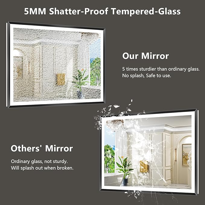 48x38 Black Framed LED Bathroom Mirror with Lights, Backlit and Front Light, Lighted Bathroom Vanity Mirror for Wall Dimmable Anti-Fog Memory Tempered Glass Horizontal/Vertical
