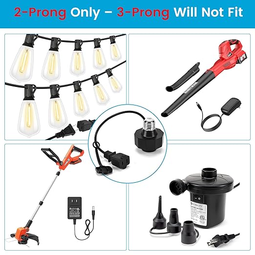 E26 Socket to AC Outlet Power Adapter, 2-Prong Plug Light Socket for Smart Bulbs and Outdoor Cameras, Includes Extension Cord, Ideal for Security Systems and LED Strips (Max 300W) 2 Pack