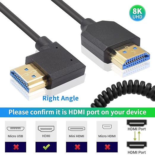 Duttek 8K Right Angle HDMI Cable 1FT-4FT, Coiled HDMI Cable 48Gbps, Extreme Thin HDMI Male to Male Coiled Cable Support Dynamic HDR, Has 8K@60Hz Resolution Backward Compatible 4K Ultra HD, 1080p, 3D