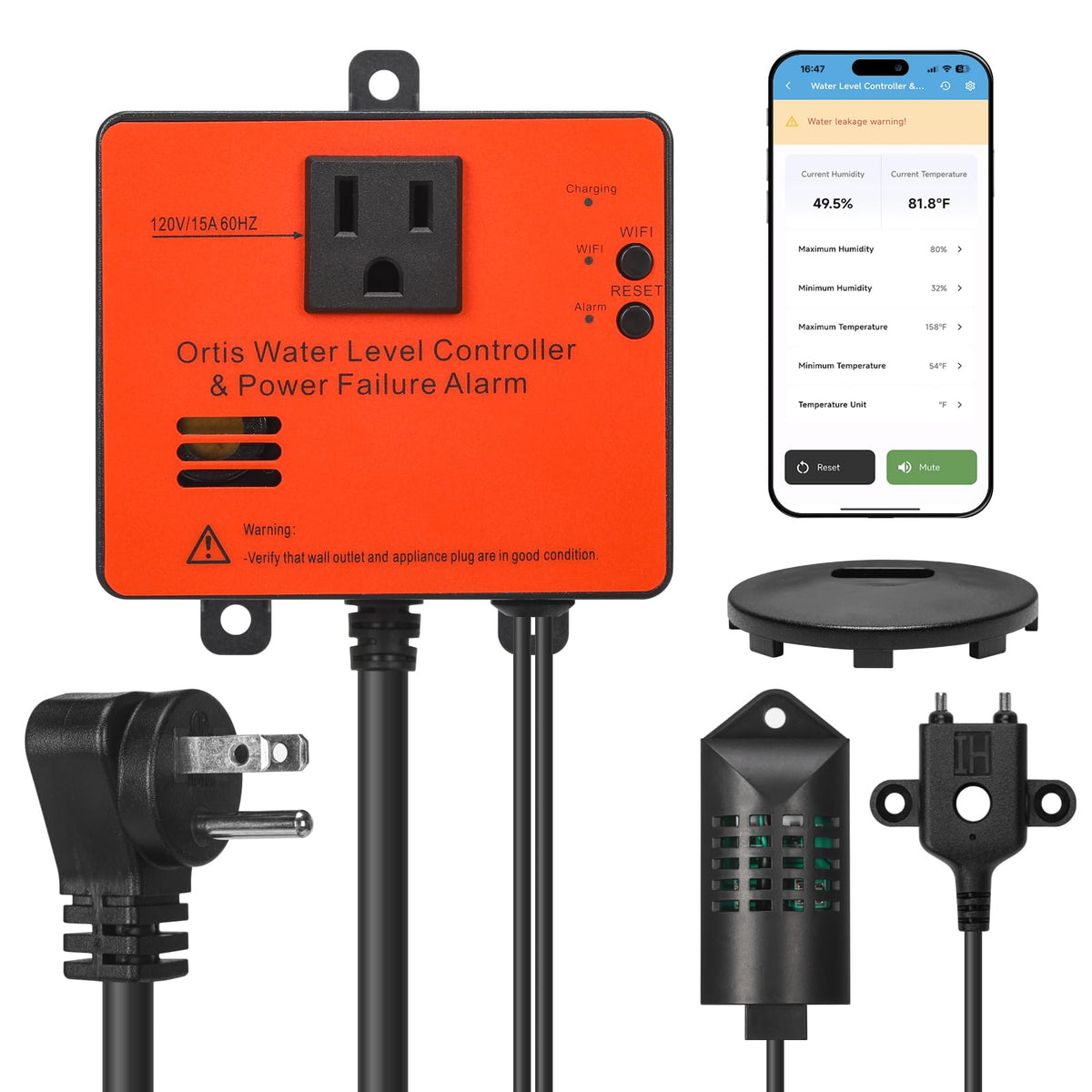 Ortis WiFi Power Failure & Water Leak Alarm, Real-Time Monitoring of Water Level, Temperature & Humidity, 110dB Siren with Flashing Light, APP Alerts, Ideal for Laundry Rooms & Basements
