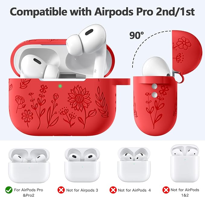 Hamile for AirPods Pro 2nd Generation Case with Cleaner Kit & Keychain, Flower Engraved Soft Silicone Protective AirPods Pro Case Cover for Apple AirPods Pro Case 2nd/1st Gen,Front LED Visible, Red