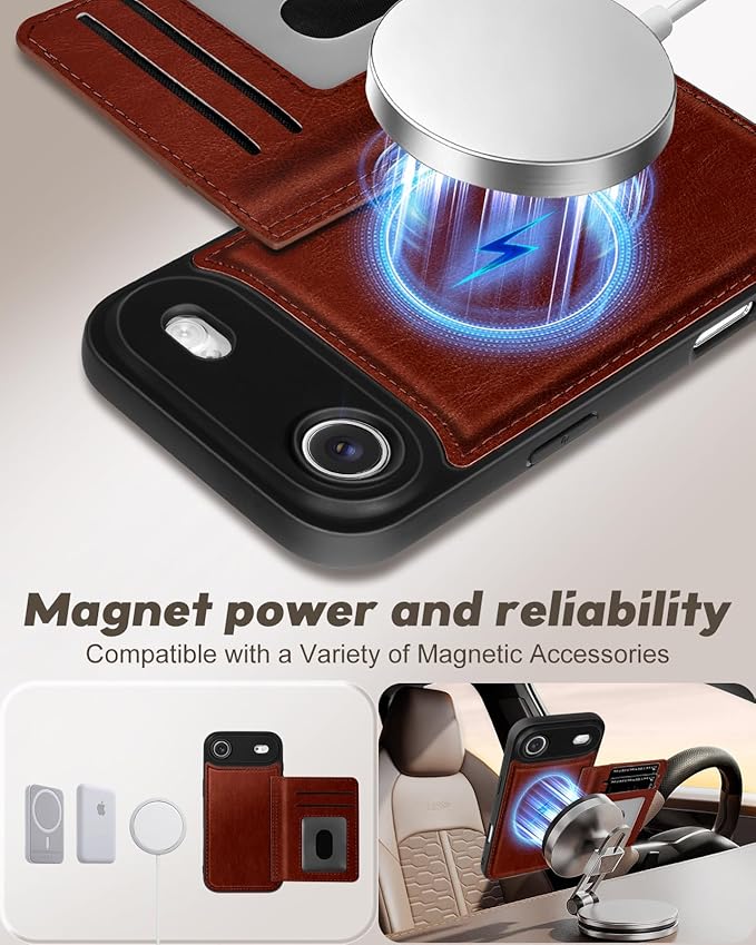 for iPhone 17 Air Case with Wallet - Fits 4 Card Slots, Compatible with MagSafe for Women Men Durable PU Leather Credit Card Holder Kickstand Phone Cover for Apple 17 Air, Brown