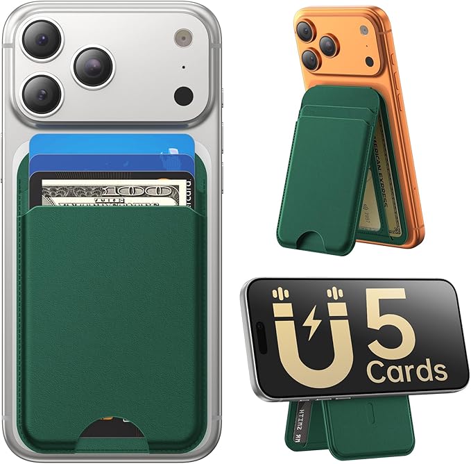 for MagSafe Wallet with Stand, 5 Card Holder, Slim Leather Magnetic Wallet for iPhone 17/16/15/14/13/12 Pro Max Plus Air Series, 3 Card Slots & 1 Cash Slot,Green