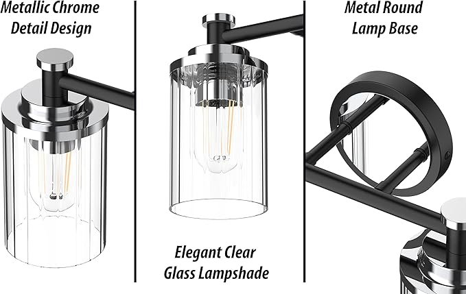 Bathroom Lighting Fixtures Black and Chrome Bathroom Vanity Light with Cylindrical Clear Stripes Glass Lampshade E26 Socket Base Bathroom Lighting Fixtures Over Mirror (3 Lights)