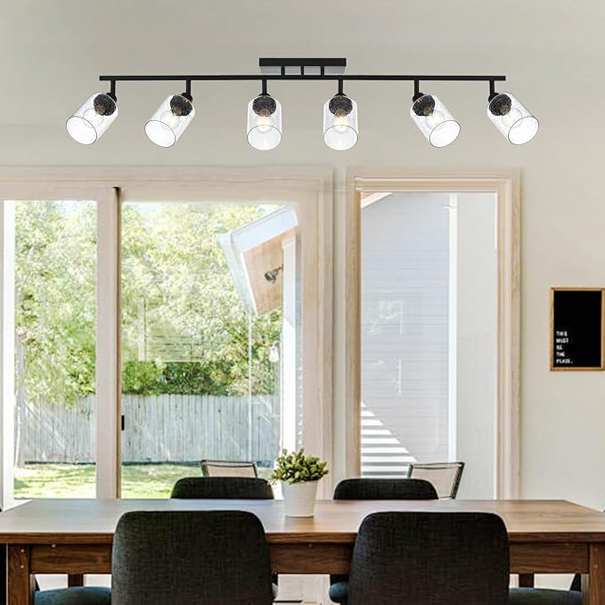 6-Light Black Track Lighting Kit Ceiling Mount Kitchen Track Lighting Fixtures, Bathroom Ceiling Tracking Vanity Light with Bubble Seeded Glass Shade & Rotatable Tracking Heads for Accent Shop