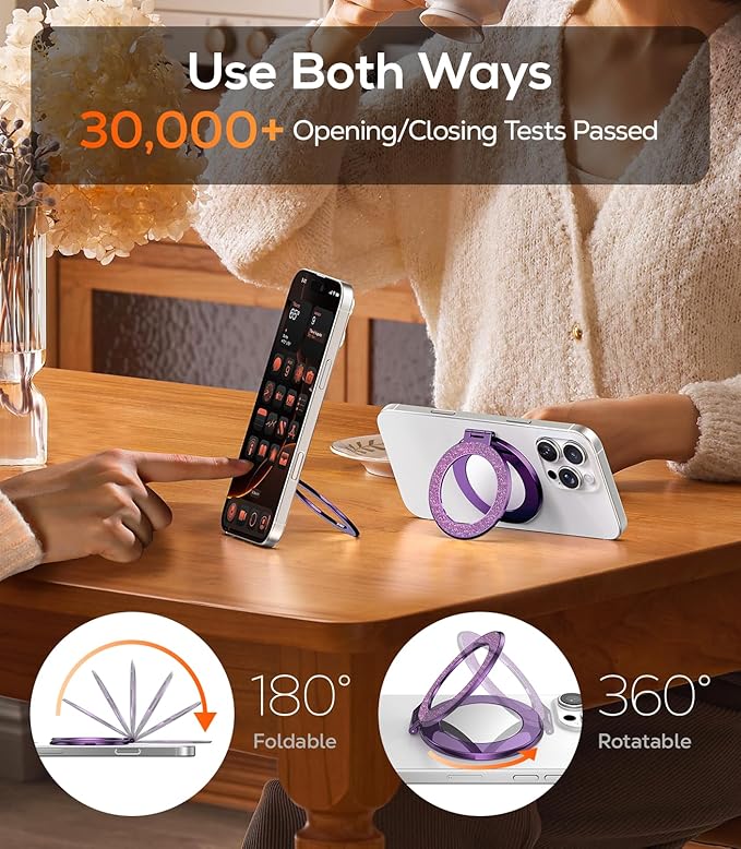 Upgraded Magnetic Phone Ring Stand Built in Mirror for Magsafe, [Electroplated & Glitter], Phone Ring Holder Grip Kickstand for iPhone 17 Pro Max 16 15 14 13 12 Series for Girl Women, Purple