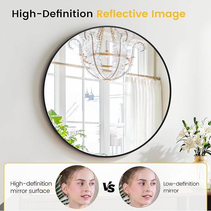 32 in Round Mirror for Wall, Black Metal Frame Circle Mirror, Round Bathroom Mirror for Wall Decor, Mirror for Entryway, Vanity, Bedroom, Easy to Install