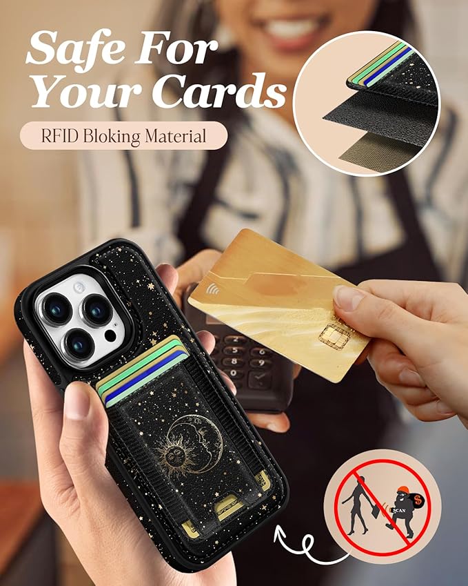 Shorogyt for iPhone 14 Pro Max Case Wallet - Fits 5 Cards, Compatible with Magsafe Detachable Magnetic Credit Card Holder Leather Cardholder Cute Phone Cover Women Girls for Apple 14 ProMax, Sun Moon