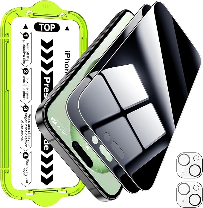 Esanik [2+2 Pack for iPhone 15 Plus Privacy Screen Protector – Anti-Spy Tempered Glass & Camera Lens Cover, Military-Grade 9H Hardness, Anti-Scratch, Flawless Fit Tray