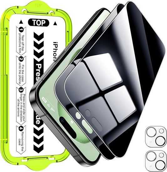 Esanik [2+2 Pack for iPhone 15 Plus Privacy Screen Protector – Anti-Spy Tempered Glass & Camera Lens Cover, Military-Grade 9H Hardness, Anti-Scratch, Flawless Fit Tray