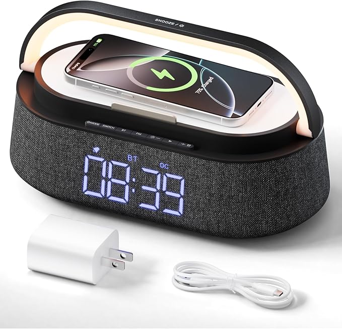 FREEFISH Bluetooth Speaker with Fast Wireless Charger,FM Radio,Touch LED Night Light,Phone Holder,Snooze,Portable Wireless Speaker for Bedrooms Office Home,Gifts (Black)