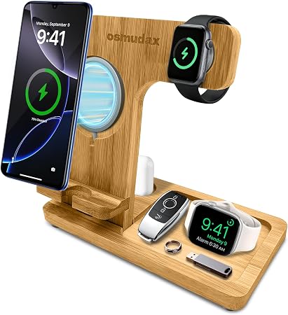 4 in 1 Bamboo Nightstand Organizer, Wood Phone Docking Station, Phone Charger Stand for iPhone 12-18 Series & Android, Desktop Organizer for iWatch & Airpods, Gifts for Men, Dad, Anniversary