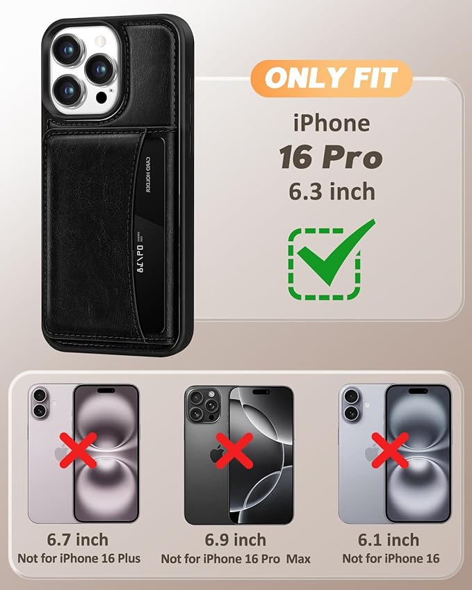 for iPhone 16 Pro Case with Wallet - Fits 4 Card Slots, Compatible with MagSafe for Women Aesthetic Durable PU Leather Credit Card Holder Kickstand Phone Cover for Apple 16 Pro, Black