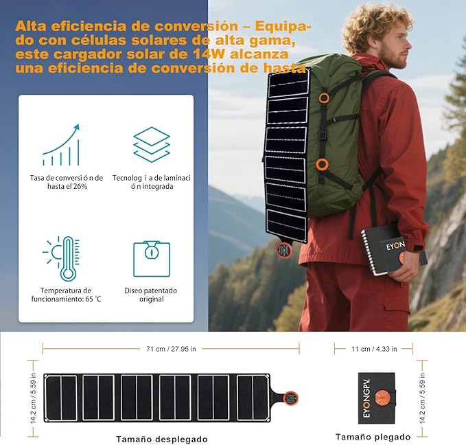 EYONGPV 14W Portable Foldable Solar Panel & Solar Charger with Croc-Eye USB-C Output, IP67 Waterproof Compact Solar Charger for Phones, Power Banks, Camping, Hiking, Backpacking