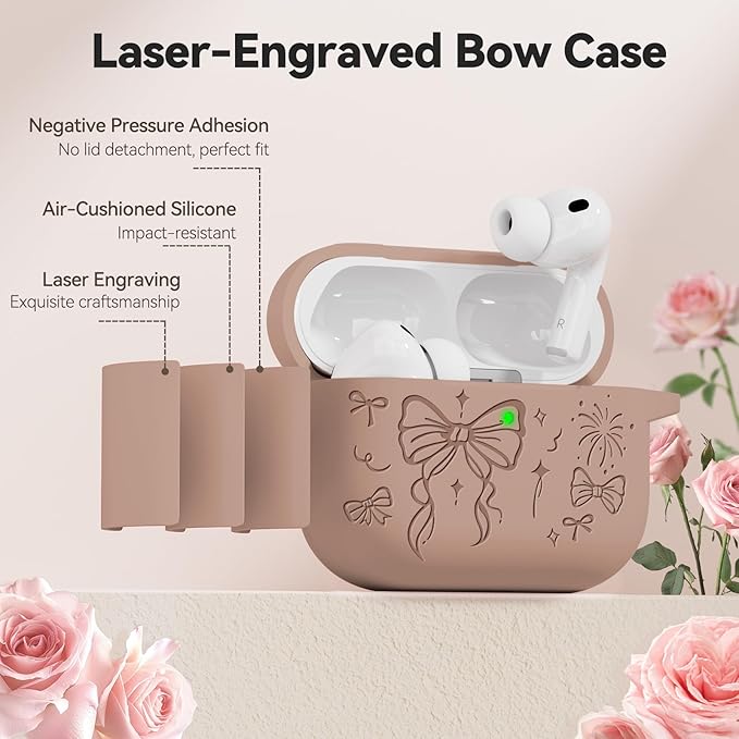 for Airpods Pro 3 Case Cover, Joremx Cute Bow Engraved Silicone Protective Case Cover with Keychain, Cleaner Kit for Airpods Pro 3rd Generation (2025) (Light Brown)
