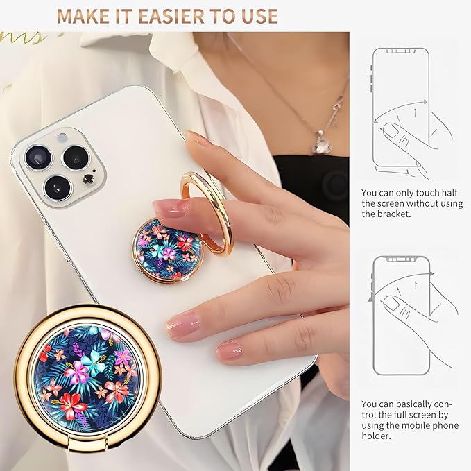 Cell Phone Ring Holder, Cute Metal Phone Grip Stand Finger Ring Kickstand, Flexible 360°Rotation Phone Tablet Case Accessories Compatible with Most Phones Luxury Purple Flowers