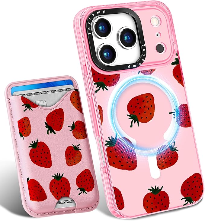 Toycamp for iPhone 17 Pro Max Case - Compatible with Magsafe Credit Card Holder Wallet Magnetic Cute Women Teen Girls Kawaii Girly Unique Strawberry Design Phone Cover for Apple 17 Promax