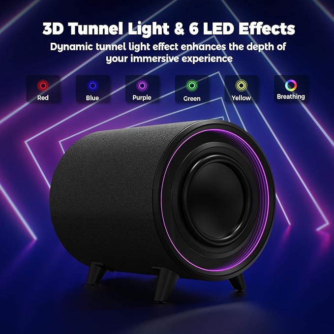 Powered Subwoofer, 100W Peak Sub with DSP, 6.5’’ Subs with Infinity Mirror - 3D Tunnel Light, 6 LED Home Theater Subwoofers, 40Hz-250Hz, Class-D Amp, Low Pass dial, Phase Switch