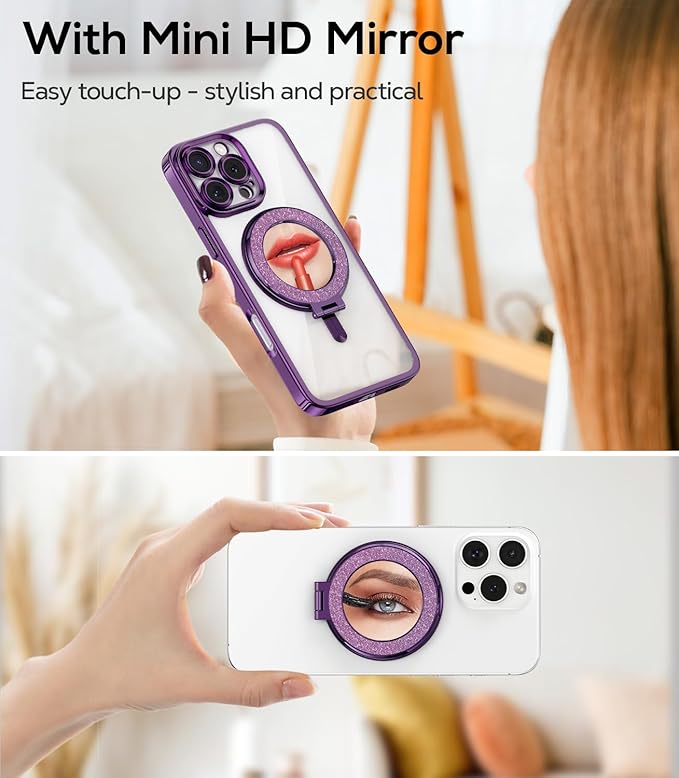 Upgraded Magnetic Phone Ring Stand Built in Mirror for Magsafe, [Electroplated & Glitter], Phone Ring Holder Grip Kickstand for iPhone 17 Pro Max 16 15 14 13 12 Series for Girl Women, Purple