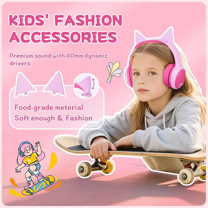 gorsun Kids Bluetooth Headphones, Over-Ear Toddler Headphones with Microphone, 85dB/94dB Volume Limited, 68H Playtime, Bluetooth 6.0, Portable Kids Wireless Headset with Cat Ears (Pink)