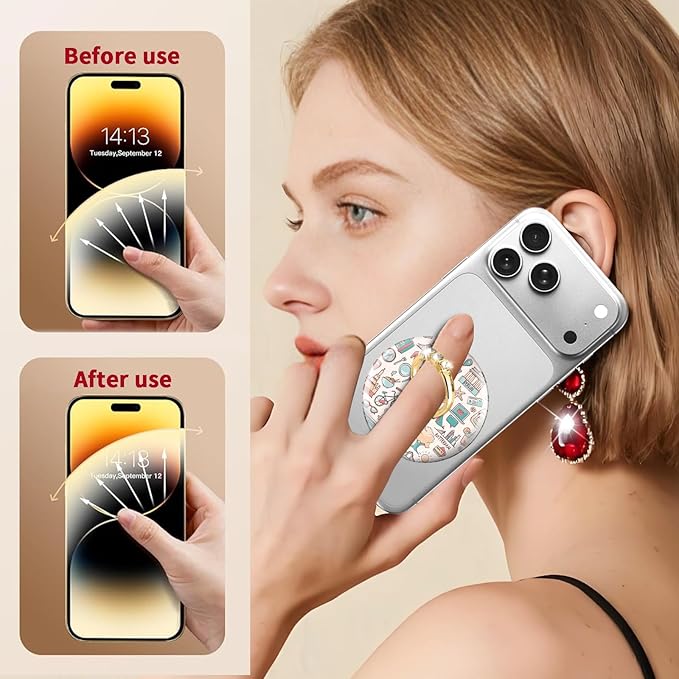 Magnetic Phone Ring Holder Compatible with MagSafe, Cute Phone Grip Stand with 360° Rotation Gold Glitter Finger Ring Kickstand Accessories for Most Phones Cute Vacation Pattern