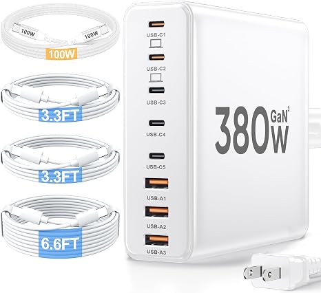 380W USB C Charger Block with 4 USB Cables Dual 100W Charging Station
