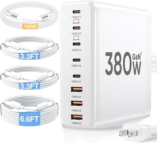 380W USB C Charger Block with 4 USB Cables Dual 100W Charging Station
