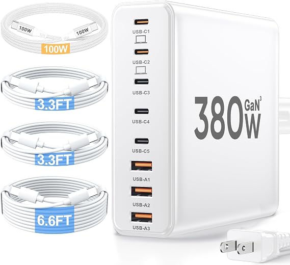 380W USB C Charger Block with 4 USB Cables Dual 100W Charging Station