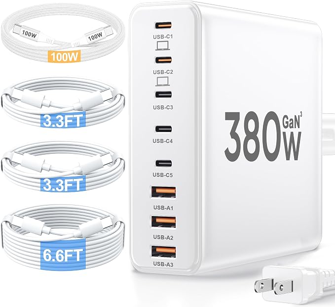 380W USB C Charger Block with 4 USB Cables Dual 100W Charging Station