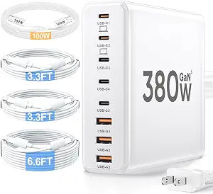 380W USB C Charger Block with 4 USB Cables Dual 100W Charging Station