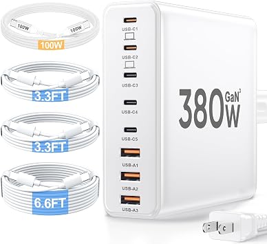 380W USB C Charger Block with 4 USB Cables Dual 100W Charging Station