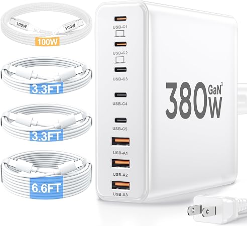 380W USB C Charger Block with 4 USB Cables Dual 100W Charging Station