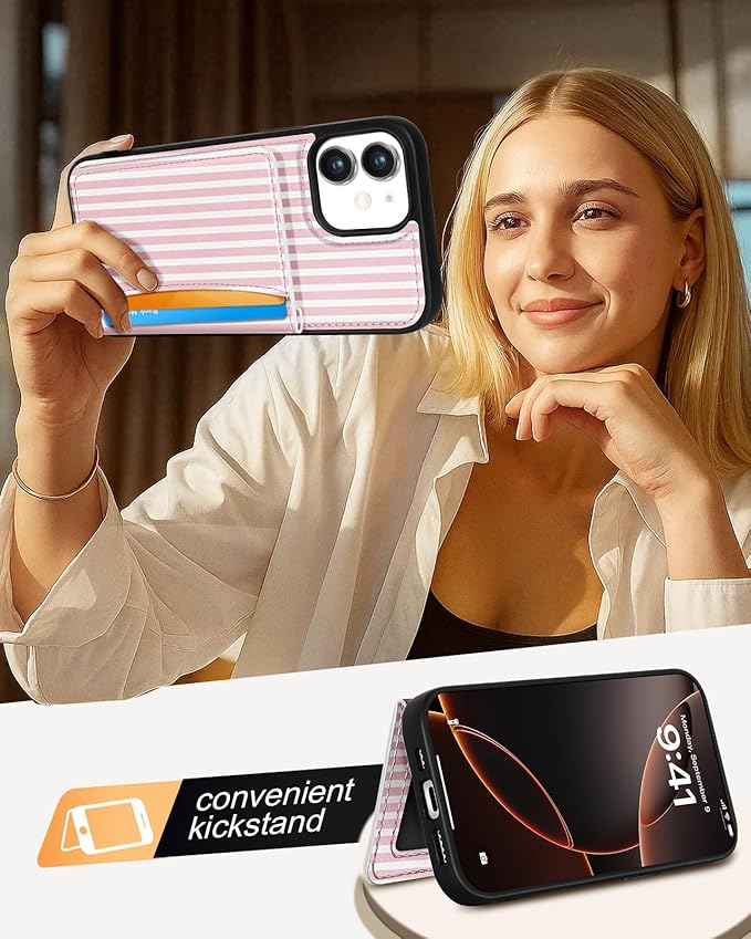 for iPhone 11 Case with Wallet - Fits 4 Card Slots, Compatible with MagSafe for Women Aesthetic Durable PU Leather Credit Card Holder Kickstand Phone Cover for Apple 11, Stripe