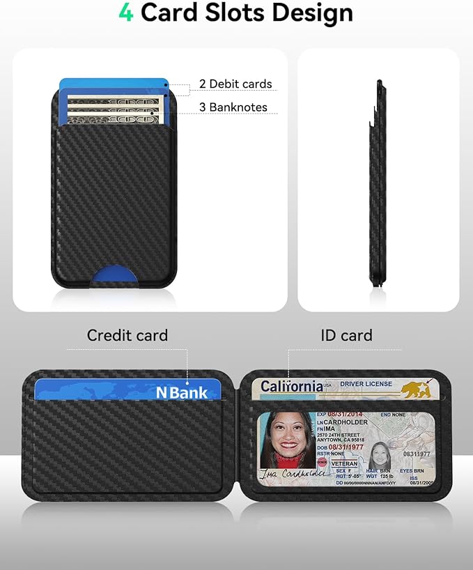 for MagSafe Wallet with Stand, 5 Card Holder, Slim Leather Magnetic Wallet for iPhone 17/16/15/14/13/12 Pro Max Plus Air Series, 3 Card Slots & 1 Cash Slot,Carbon Fiber