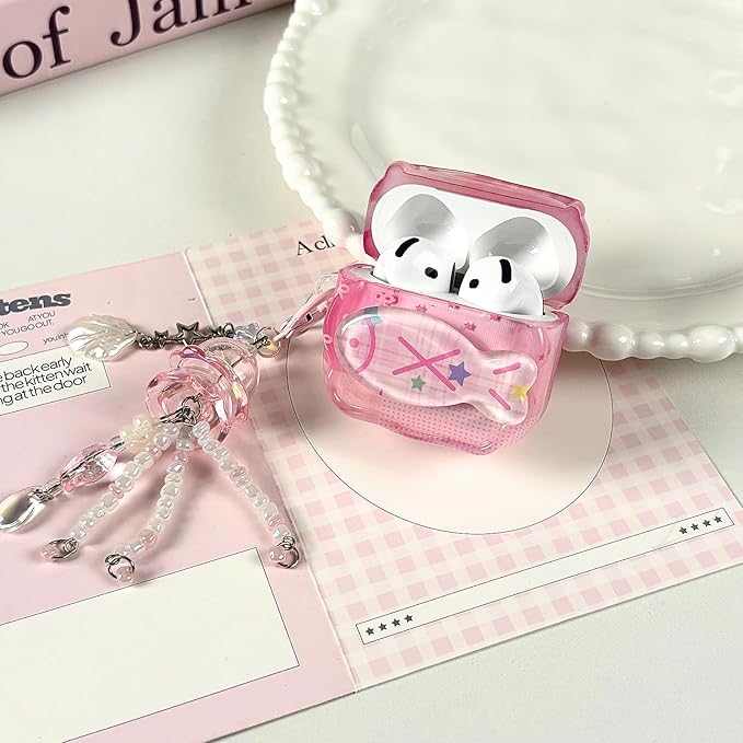 Compatible with AirPods 4 Case with Cleaner Kit, Cute Cartoon Fish Star Keychain Soft TPU Shockproof Cover for Airpods 4th Generation -Pink