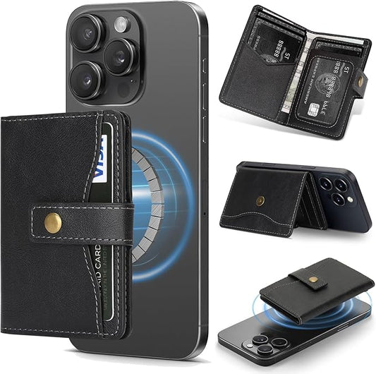 Ultra-Thin Magnetic Wallet Card Holder for iPhone and All MagSafe Protective Cases，Premium PU leather, powerful magnetic closure, stand function, 6 card slots (Black)