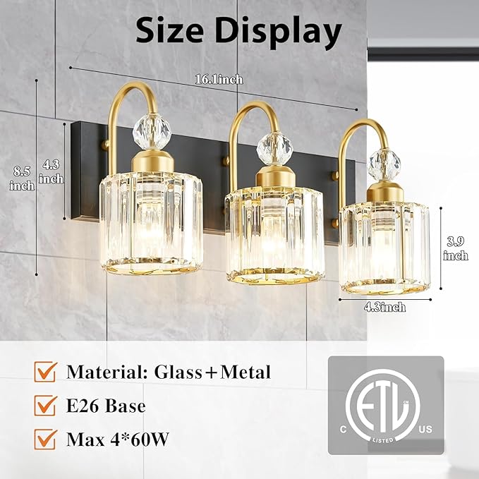 Bathroom Vanity Light Fixtures Over Mirror, Makeup Lighting for Modern Wall, Bath, Desk, Hallway, Farmhouse, 3 Crystal Lights, Black Gold