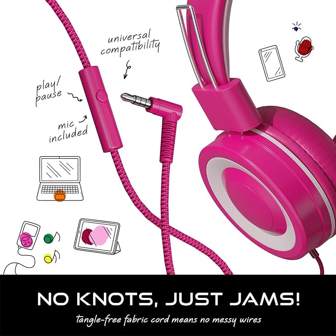 MYZI Kids Headphones with Cord, Foldable Over Ear Headphones for Kids with Microphone, Tangle-Free Wired 85dB Safe Volume Toddler Headphones for iPad, School, and Airplane – Pink