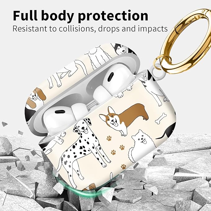 Compatible with Airpod pro 2nd/1st Generation Case Cover with Gold Round Keychain Cute Pattern Hard & Anti Slip Cover for Men Women & Girls（Various Dogs）