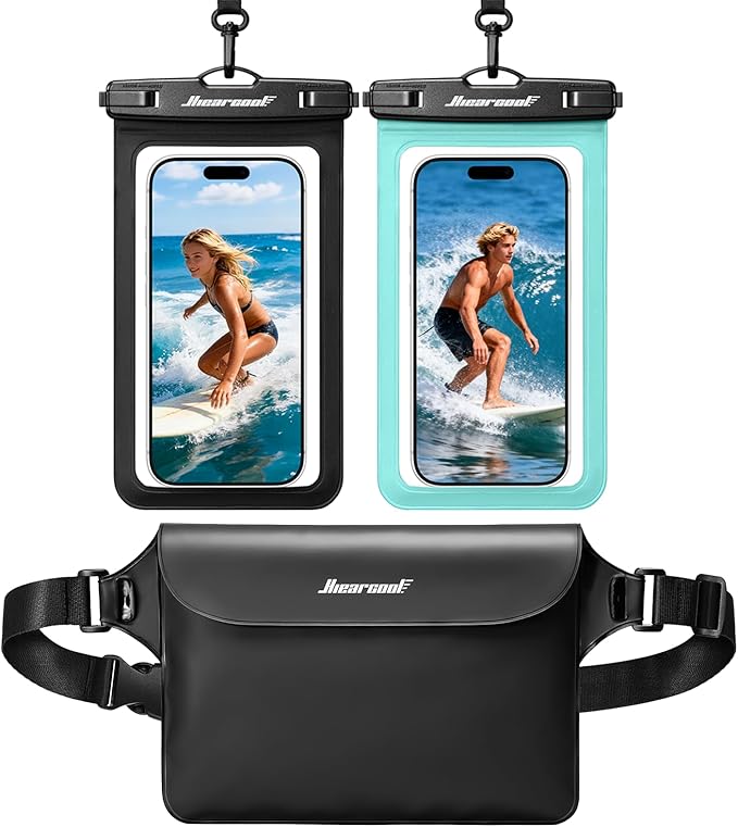 Hiearcool Waterproof Phone Pouch, IPX8 Waterproof Phone Case for iPhone 17 Pro Max, Cell Phone Dry Bag Plus Waterproof Fanny Pack Dry Bag with Privacy Front and Clear Back for Beach Cruise
