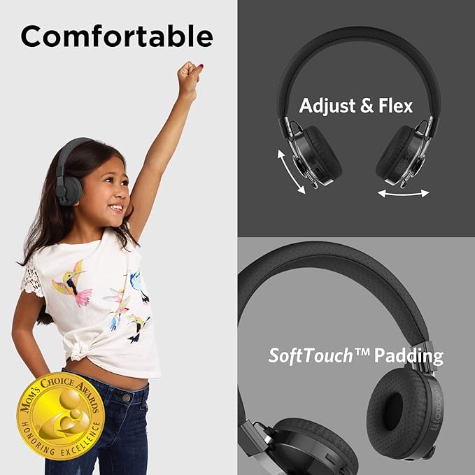 LilGadgets Untangled Pro On-Ear Kids Headphones - Black, Ages 4+, Volume-Limited - Bluetooth & Wired Earphones with SharePort, SoftTouch Padding, 3.5mm Cord, Built-in Mic, 12H Battery