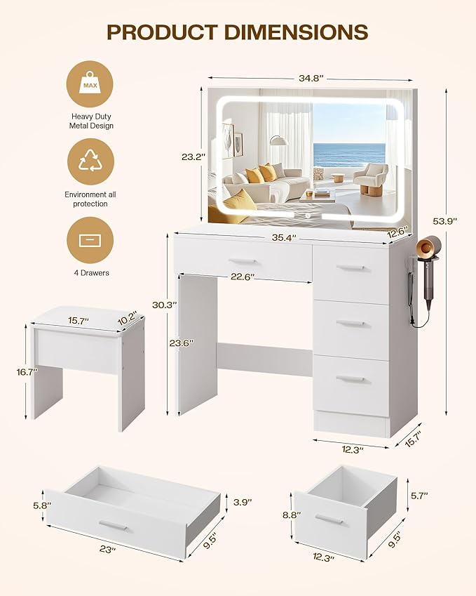 Makeup Vanity Desk Set, White, 35.4“W x 15.7" D x 53.9" H (Large Smart LED Mirror, with Cushion Stool, Hairdryer Rack, Power-Outlet, 4 Drawers)
