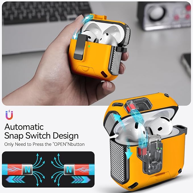 for AirPods 4 Case (2024) with Phone Stand,（with Automatic Snap Switch） Carbon Fiber Design Protection Cover with Cleaning Pen,Yellow