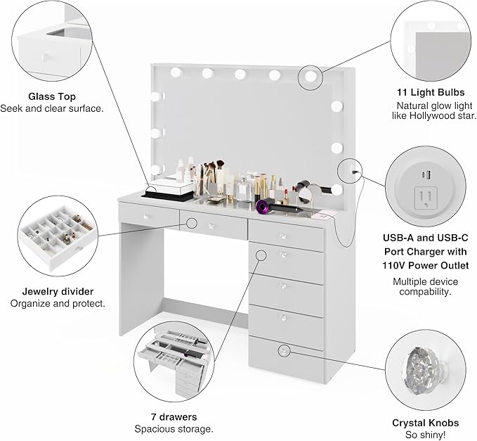 Boahaus Serena White Makeup Vanity with Mirror and 11 Lights, 7 Drawers, Glass Top, Crystal Knobs, USB-A & USB-C Ports, 110V Power Outlet, Bedroom Vanity Desk (White)