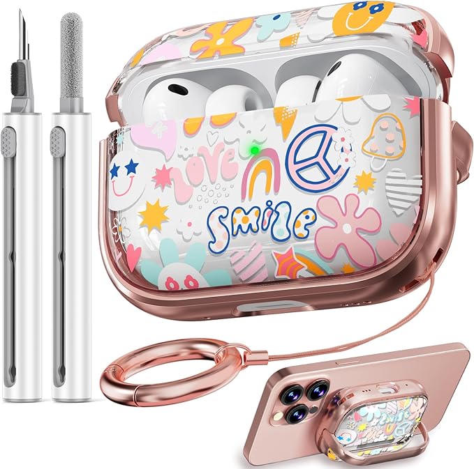 Inesore for AirPods Pro 3 Case 2025 with Lock, for Women Girly Floral Clear Case Compatible with Apple Airpods Pro 3rd Generation Cover, with Phone Stand,Keychain & Cleaner Kit-Pink Smile Graffiti
